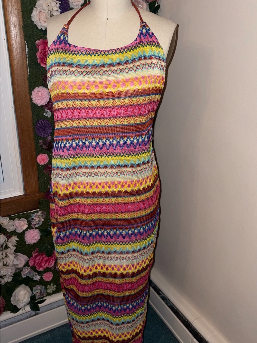 SHEIN Multicolor Halter Maxi Dress in Pink, Yellow, Blue